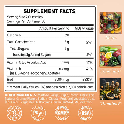 Novafun Vegan Biotin-Gummies for Hair Growth – 60 Orange Gummies (2500 mcg Biotin, Vitamin C & E)