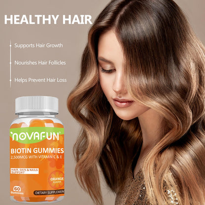 Novafun Vegan Biotin-Gummies for Hair Growth – 60 Orange Gummies (2500 mcg Biotin, Vitamin C & E)