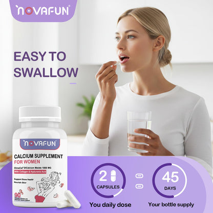 Novafun Calcium 1000mg for Women – Dicalcium Malate with Vitamin D3, K2, Magnesium, Collagen & Hyaluronic Acid | 90 Veggie Capsules