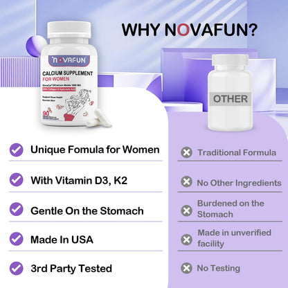 Novafun Calcium 1000mg for Women – Dicalcium Malate with Vitamin D3, K2, Magnesium, Collagen & Hyaluronic Acid | 90 Veggie Capsules