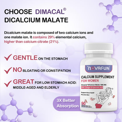 Novafun Calcium 1000mg for Women – Dicalcium Malate with Vitamin D3, K2, Magnesium, Collagen & Hyaluronic Acid | 90 Veggie Capsules