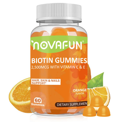 Novafun Vegan Biotin-Gummies for Hair Growth – 60 Orange Gummies (2500 mcg Biotin, Vitamin C & E)