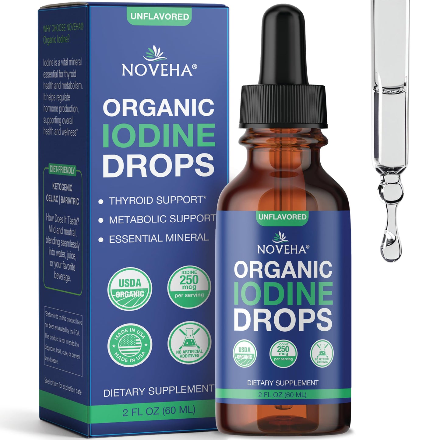 NOVEHA Iodine Drops – Organic Potassium Iodide, 250 mcg per Serving | Thyroid Support, Vegan & Gluten-Free | 30-Month Supply