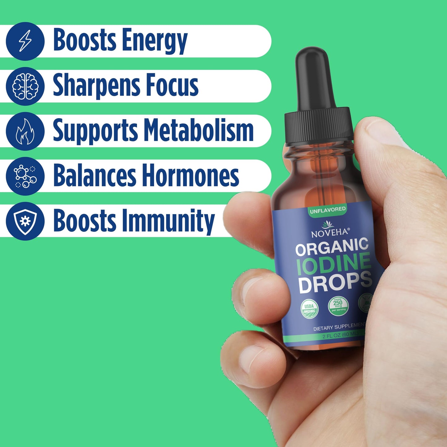 NOVEHA Iodine Drops – Organic Potassium Iodide, 250 mcg per Serving | Thyroid Support, Vegan & Gluten-Free | 30-Month Supply