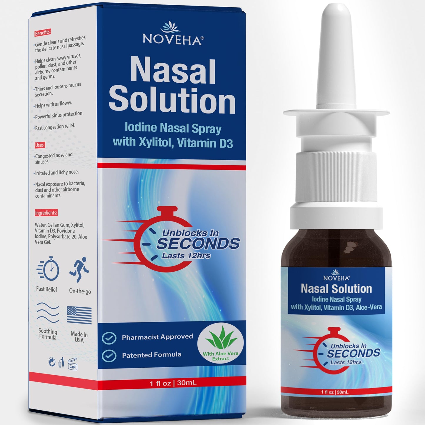 NOVEHA Iodine Nasal Spray – Daily Nasal Cleanser with Vitamin D3 & Aloe Vera | Made in USA