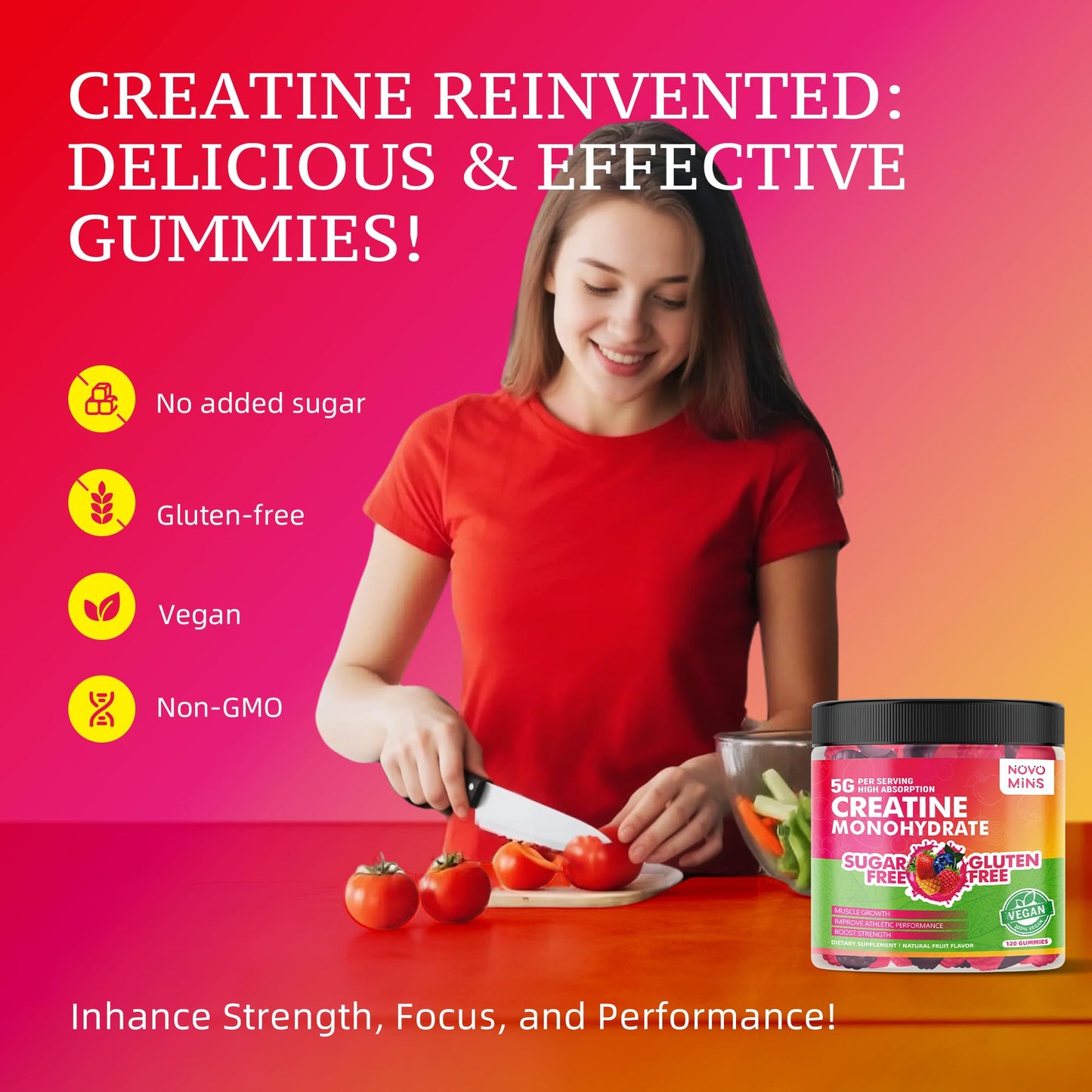 novomins Creatine Monohydrate Gummies 5000mg for Men & Women – Muscle Strength, Endurance, Energy, Pre-Workout (120 Count)