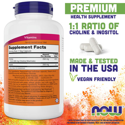 NOW Choline & Inositol, 180 Vegetarian Capsules | Non-GMO, Kosher & Vegan
