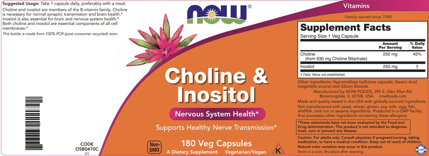NOW Choline & Inositol, 180 Vegetarian Capsules | Non-GMO, Kosher & Vegan