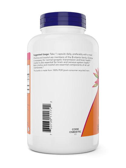 NOW Choline & Inositol, 180 Vegetarian Capsules | Non-GMO, Kosher & Vegan