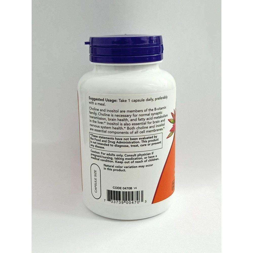 NOW Choline and Inositol 500mg, 100 Capsules (Pack of 2) – Brain & Nerve Support