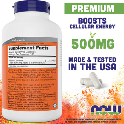 NOW Foods Acetyl-L-Carnitine 500 mg - 360 Veg Capsules | Non-GMO, Kosher, Dairy-Free BritishVita | Premium UK Vitamins & Wellness Supplements