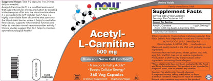 NOW Foods Acetyl-L-Carnitine 500 mg - 360 Veg Capsules | Non-GMO, Kosher, Dairy-Free BritishVita | Premium UK Vitamins & Wellness Supplements