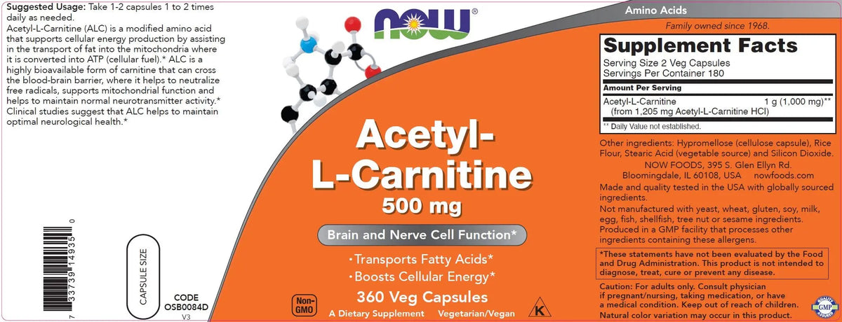 NOW Foods Acetyl-L-Carnitine 500 mg - 360 Veg Capsules | Non-GMO, Kosher, Dairy-Free BritishVita | Premium UK Vitamins & Wellness Supplements