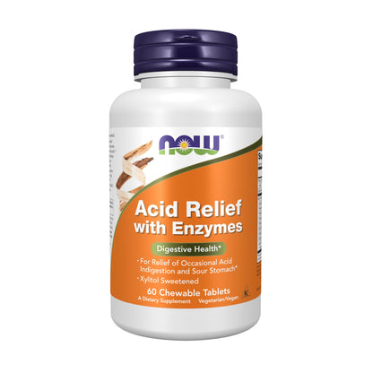 NOW Foods Acid Relief with Enzymes - Digestive Health, Xylitol, 60 Chewables