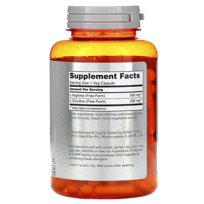 Now Foods Arginine 500mg with Citrulline 250mg – 120 Capsules