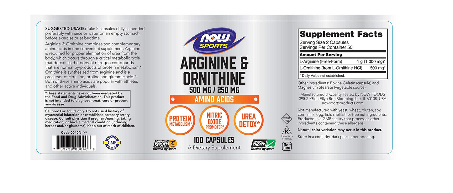 Now Foods Arginine Ornithine 100 Caps | Amino Acids Supplement