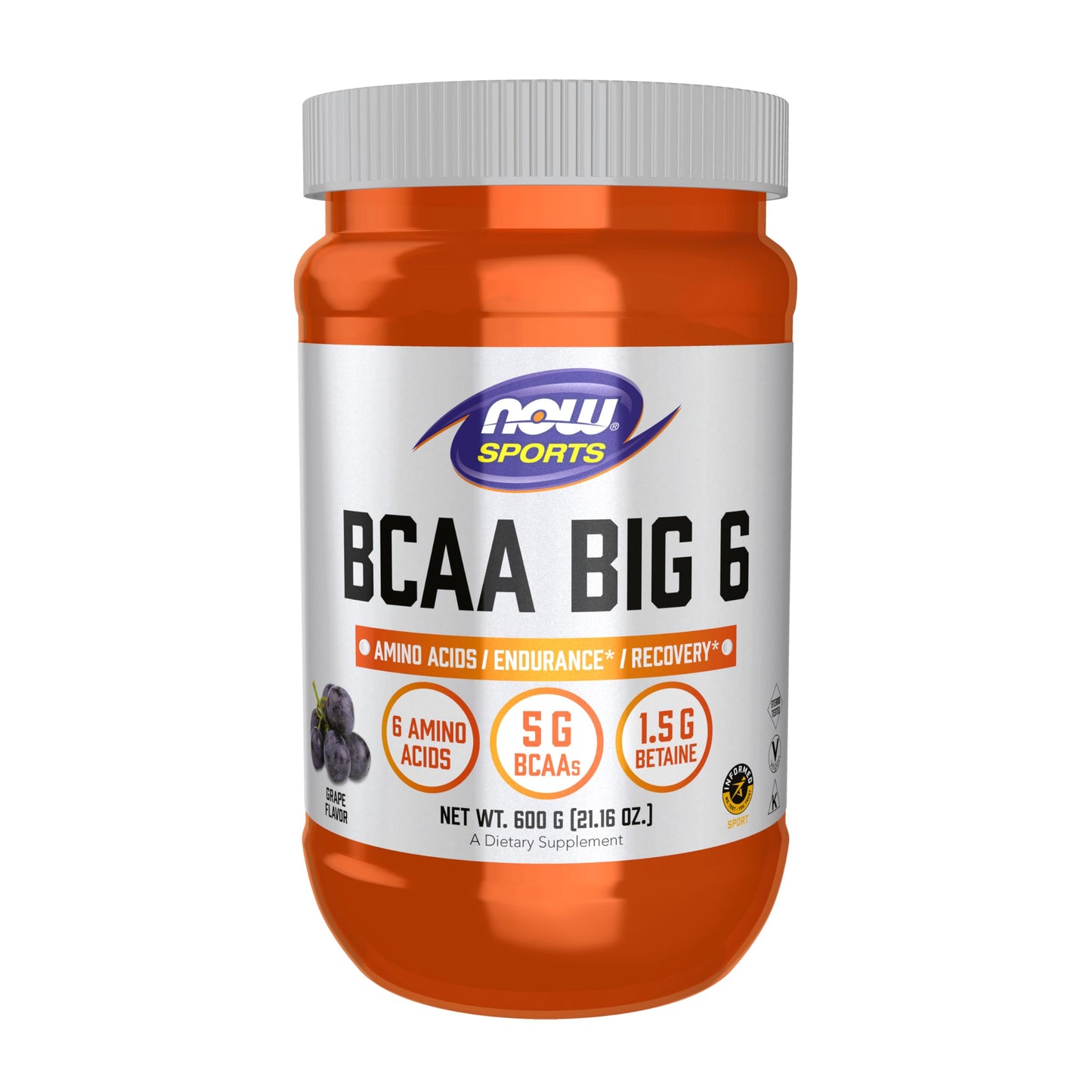 NOW Foods BCAA Big 6 – Grape, 600 g | Caffeine-Free Sports Nutrition