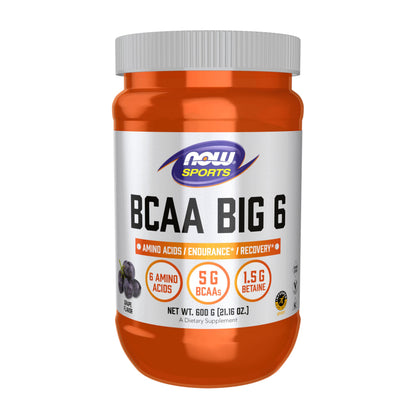 NOW Foods BCAA Big 6 – Grape, 600 g | Caffeine-Free Sports Nutrition