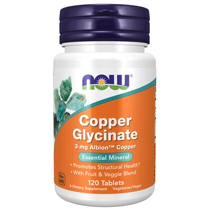 NOW Foods Copper Glycinate (Albion Copper Bisglycinate) 3 mg – Structural Health Support, 120 Tablets