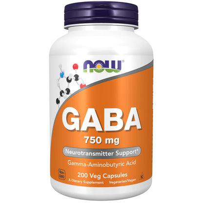 NOW Foods GABA 750mg – Gamma-Aminobutyric Acid, Neurotransmitter Support, 200 Veg Capsules