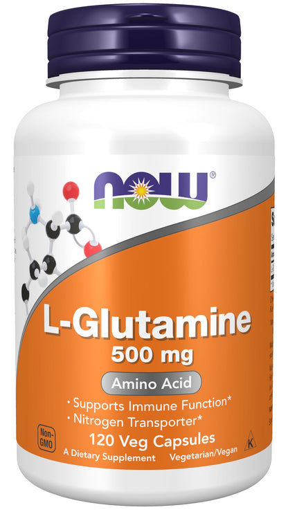 NOW Foods L-Glutamine 500 mg – Nitrogen Transporter, Amino Acid | 120 Veg Capsules