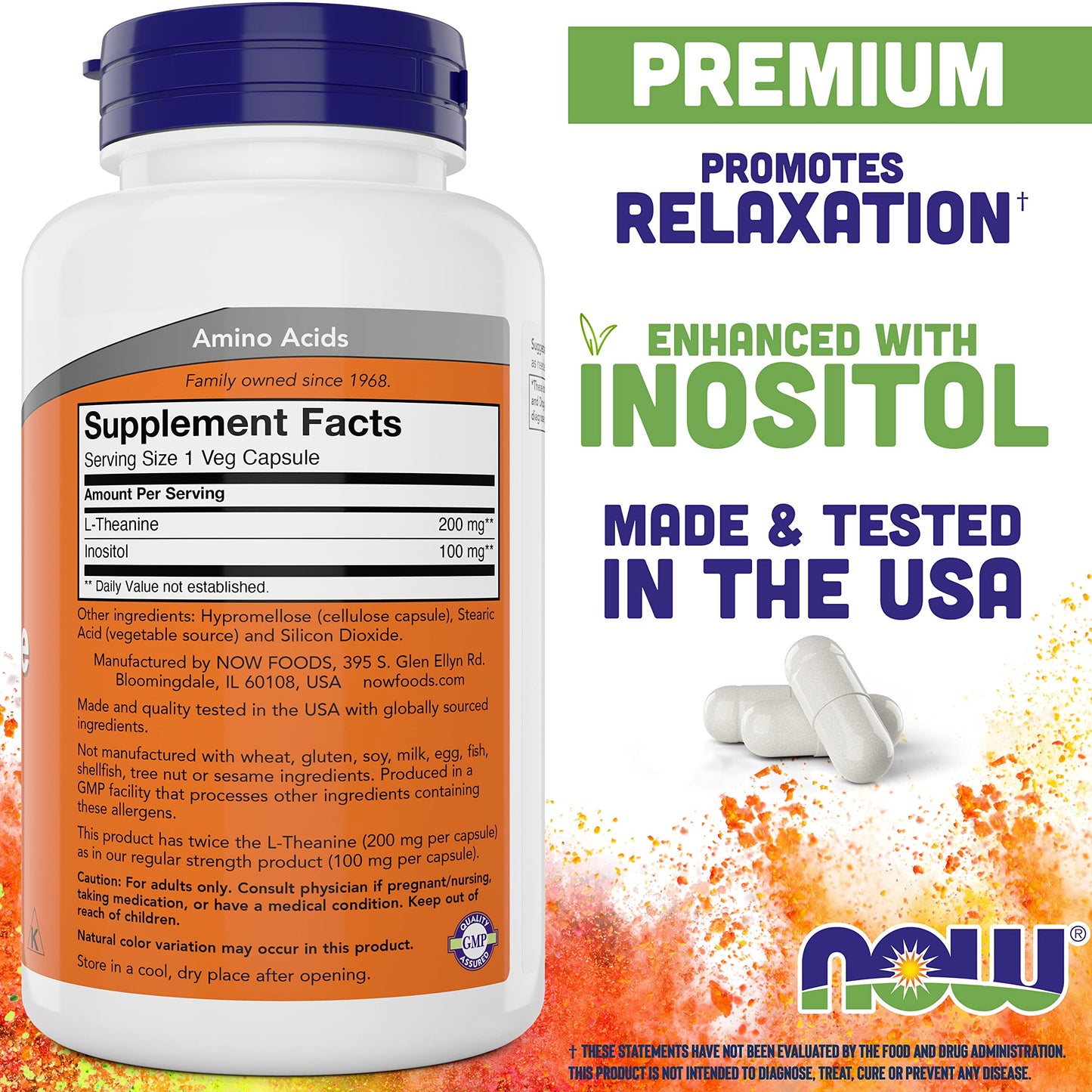 NOW Foods L-Theanine 200 mg Double Strength - 180 Vegan Capsules with Inositol