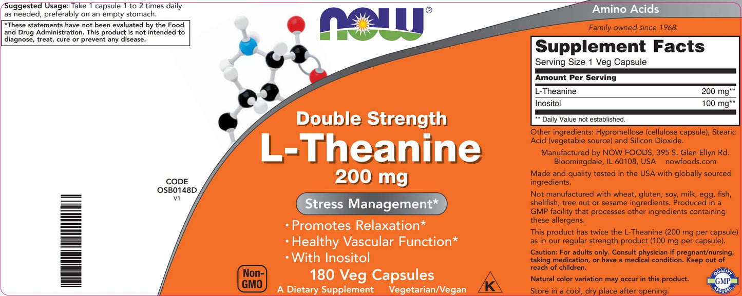 NOW Foods L-Theanine 200 mg Double Strength - 180 Vegan Capsules with Inositol