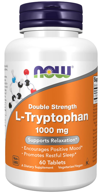NOW Foods L-Tryptophan 1000 mg Double Strength – Mood & Sleep Support | 60 Tablets
