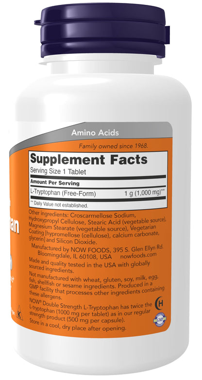 NOW Foods L-Tryptophan 1000 mg Double Strength – Mood & Sleep Support | 60 Tablets