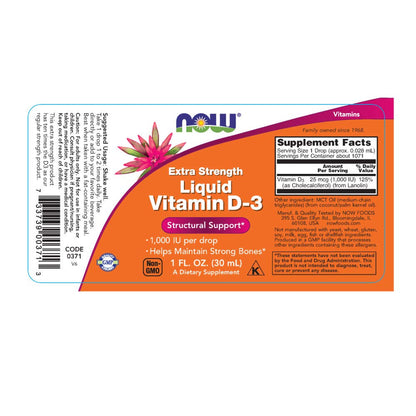 NOW Foods Liquid Vitamin D3 Extra Strength 1000 IU - 1 fl oz