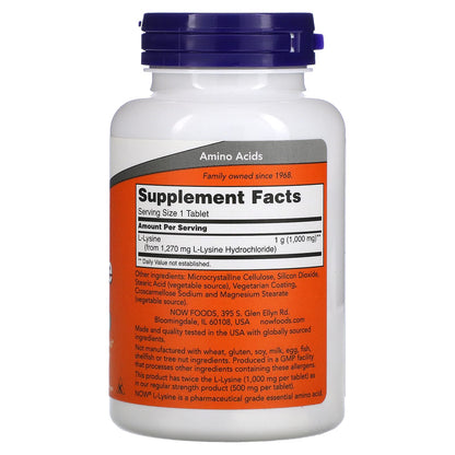 NOW Foods L-Lysine HCl 1000 mg – Double Strength, 100 Tablets