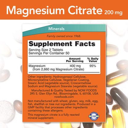 NOW Foods Magnesium Citrate 200 mg Tabs – 100 Count (Pack of 1) | Dietary Supplement