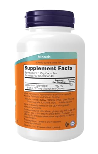 NOW Foods Magnesium Citrate Supplement – Enzyme Function & Nervous System Support | 240 Veg Capsules