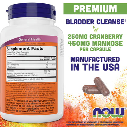 NOW Foods Mannose Cranberry 120 Veg Capsules – 450mg Mannose + Cranberry (PAC)