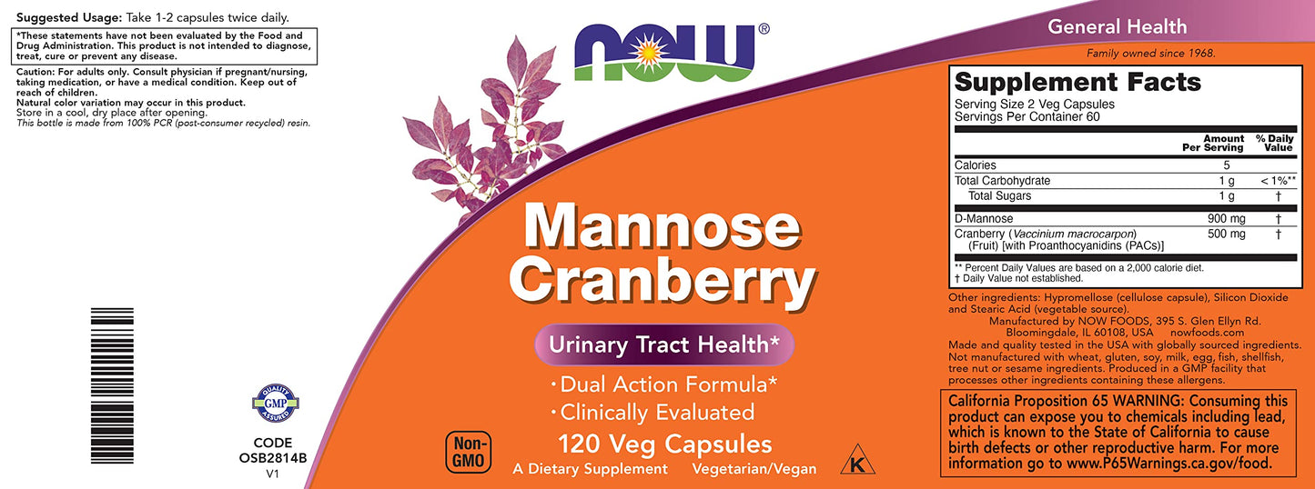 NOW Foods Mannose Cranberry 120 Veg Capsules – 450mg Mannose + Cranberry (PAC)