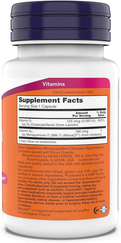 NOW Foods Mega D-3 & MK-7 - 5000 IU / 180 mcg - Bone & Cardiovascular Support – 180 Capsules BritishVita | Premium UK Vitamins & Wellness Supplements