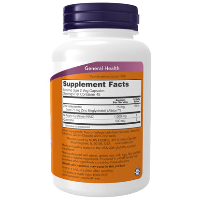 NOW Foods NAC Quercetin Zinc Immune & Respiratory Support | 1,000 mg NAC | 90 Veg Capsules