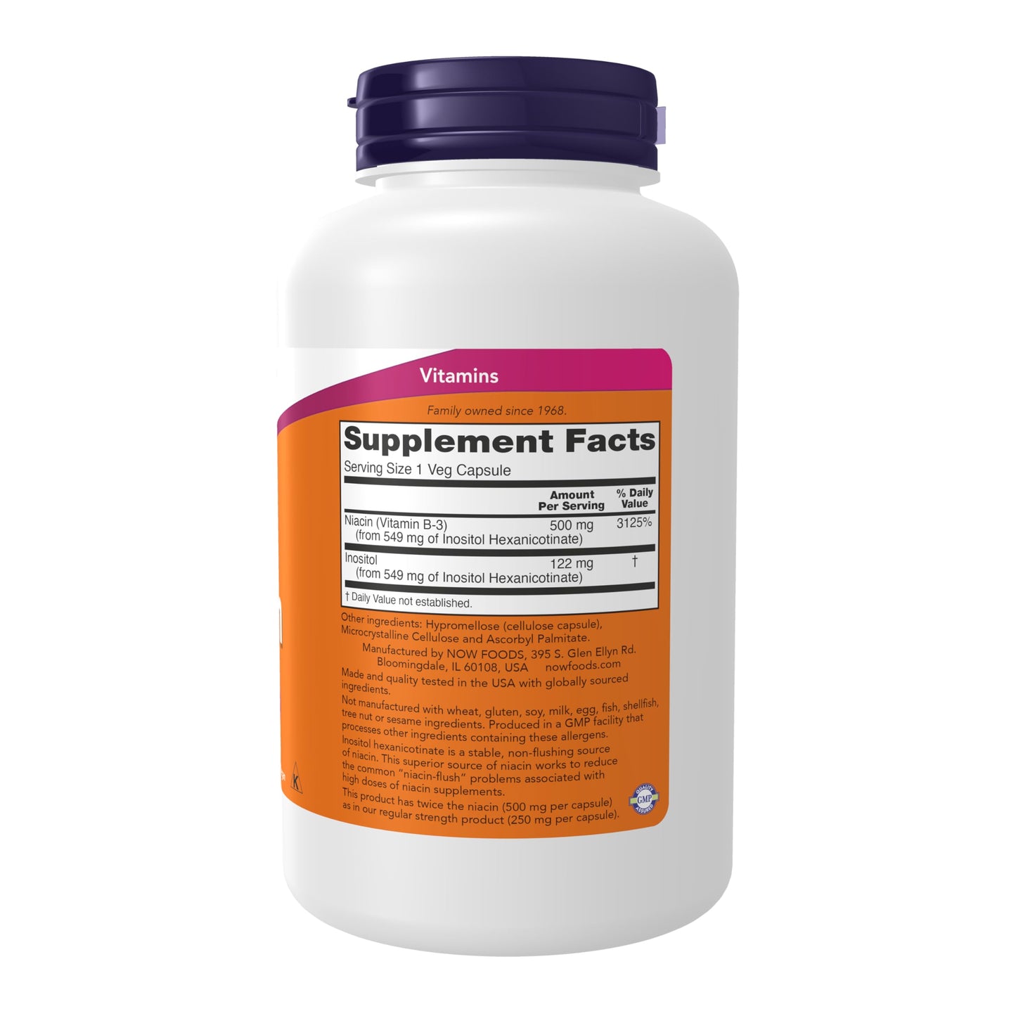 NOW Foods Supplements, Niacin (Vitamin B-3) 500 mg, Flush-Free, Double Strength, Nutritional Health, 180 Veg Capsules