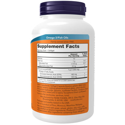 NOW Foods Omega-3 180 EPA/120 DHA Enteric-Coated Softgels | Cardiovascular Support