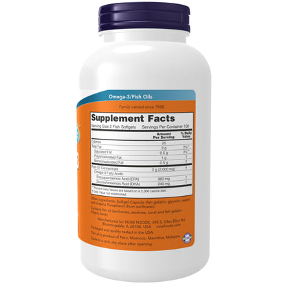 NOW Foods Omega-3 180 EPA/120 DHA – Molecularly Distilled, Cardio Support, 200 Softgels
