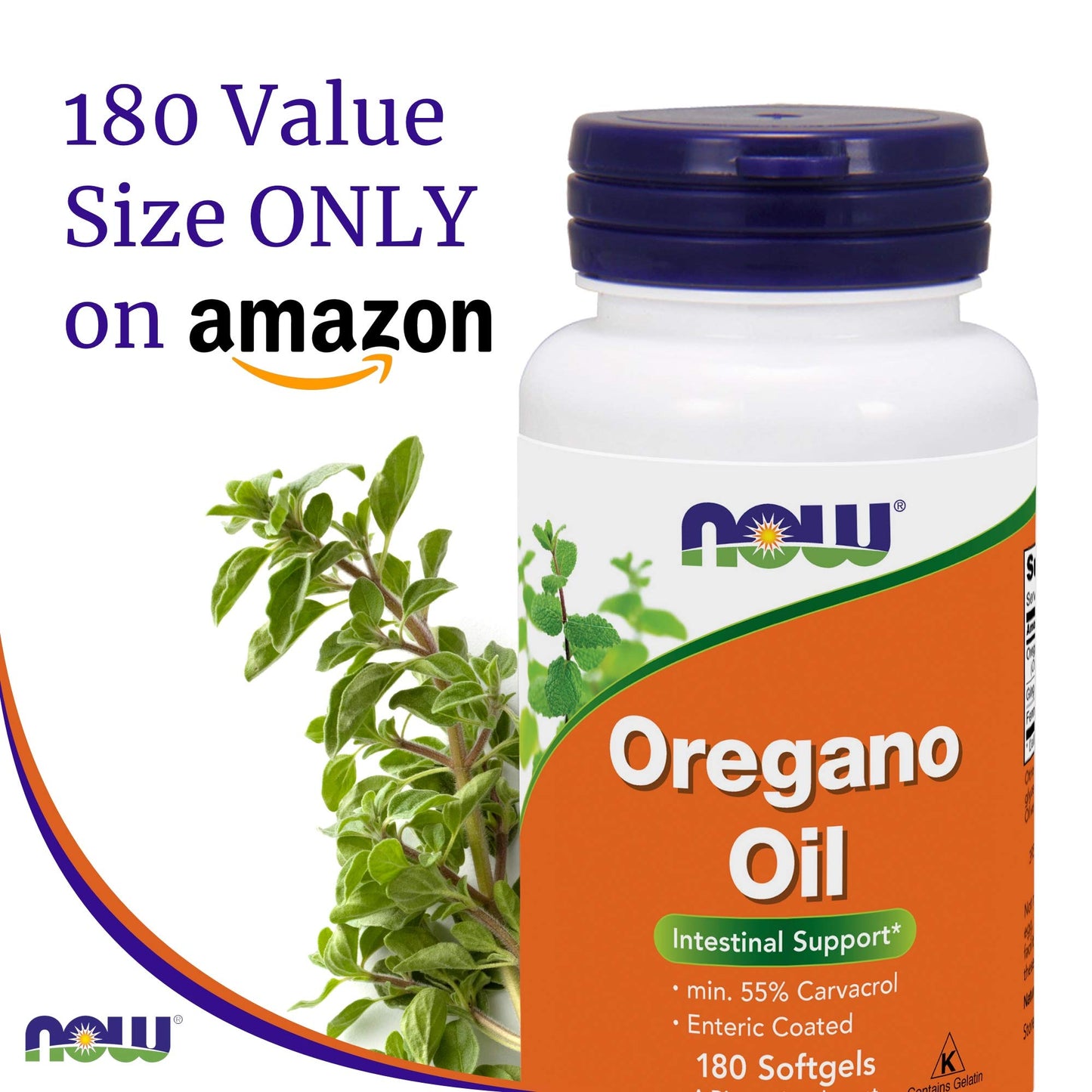 Now Foods Oregano Oil 55% Carvacrol - 181mg, 180 Softgels | Digestive Support