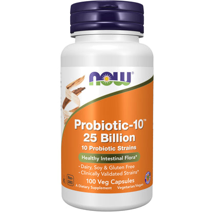 NOW Foods Probiotic-10 25 Billion CFU – 10 Strains, Dairy/Soy/Gluten Free, 100 Veg Capsules