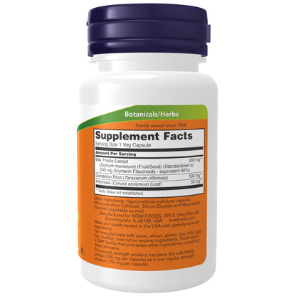 NOW Foods Silymarin Milk Thistle 300 mg with Artichoke & Dandelion – Double Strength, 50 Veg Capsules