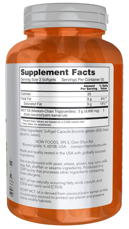 NOW Foods Sports Nutrition MCT Oil 1000 mg – 150 Softgels | Weight Management