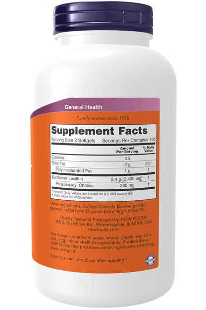 Now Foods Sunflower Lecithin - Phosphatidyl Choline 1,200 mg (200 Softgels) | Non-GMO & Soy-Free