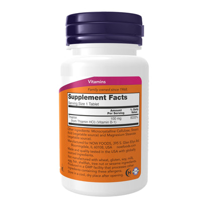 NOW Foods Vitamin B-1 (Thiamin) 100 mg – Energy Production & Nervous System Support | 100 Tablets