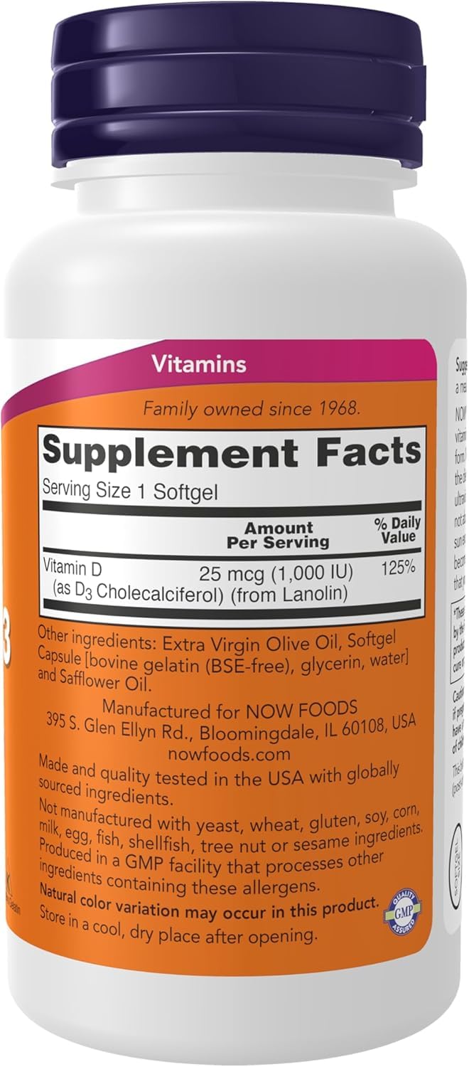 NOW Foods Vitamin D-3 High Potency 1000 IU Softgels – 180 Count