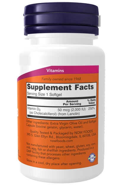 Now Foods Vitamin D3 2000 IU Softgels – High Potency, Non-GMO, Kosher