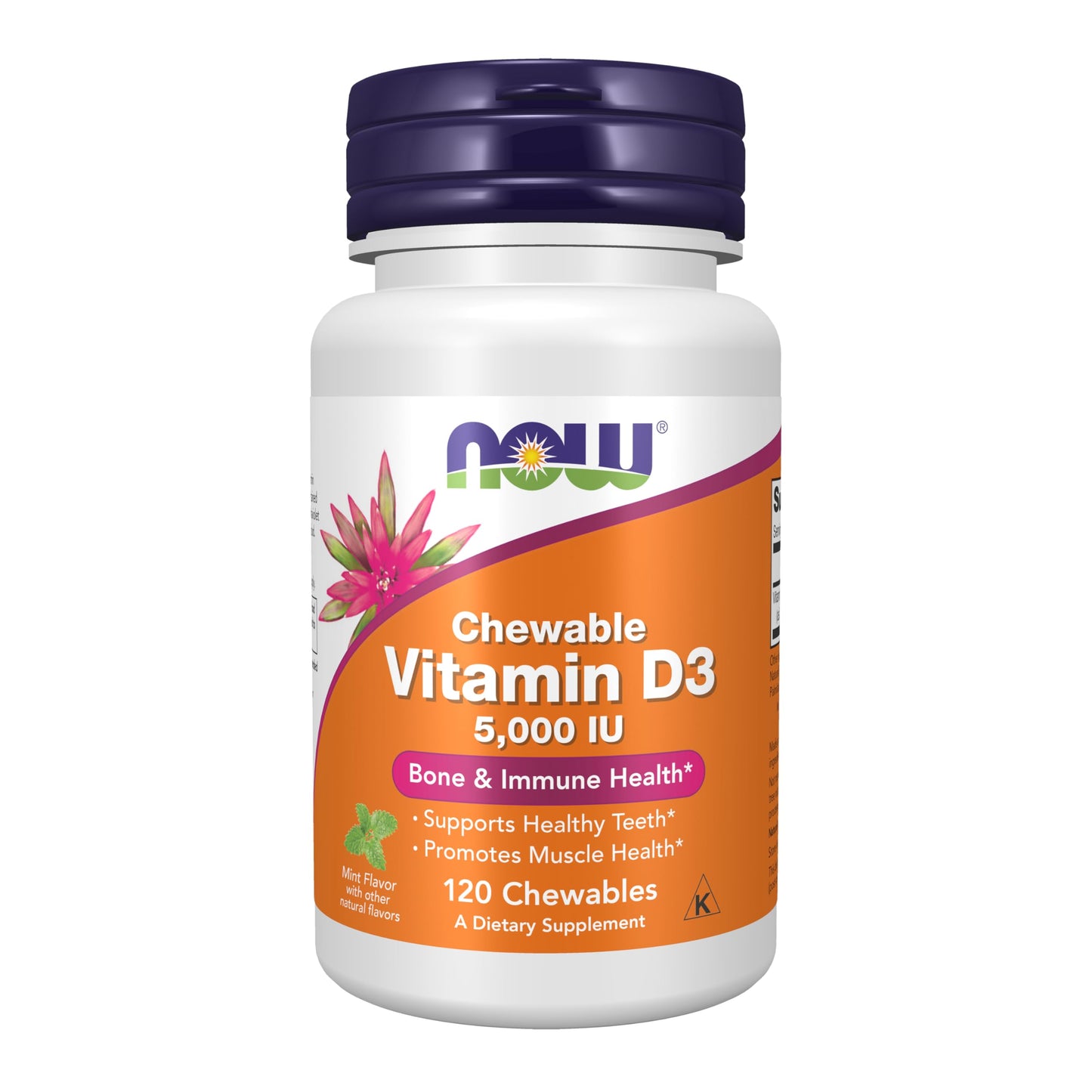 NOW Foods Vitamin D-3 5000 IU Chewables – Natural Mint Flavor, Immune & Bone Support (120 Chewables)