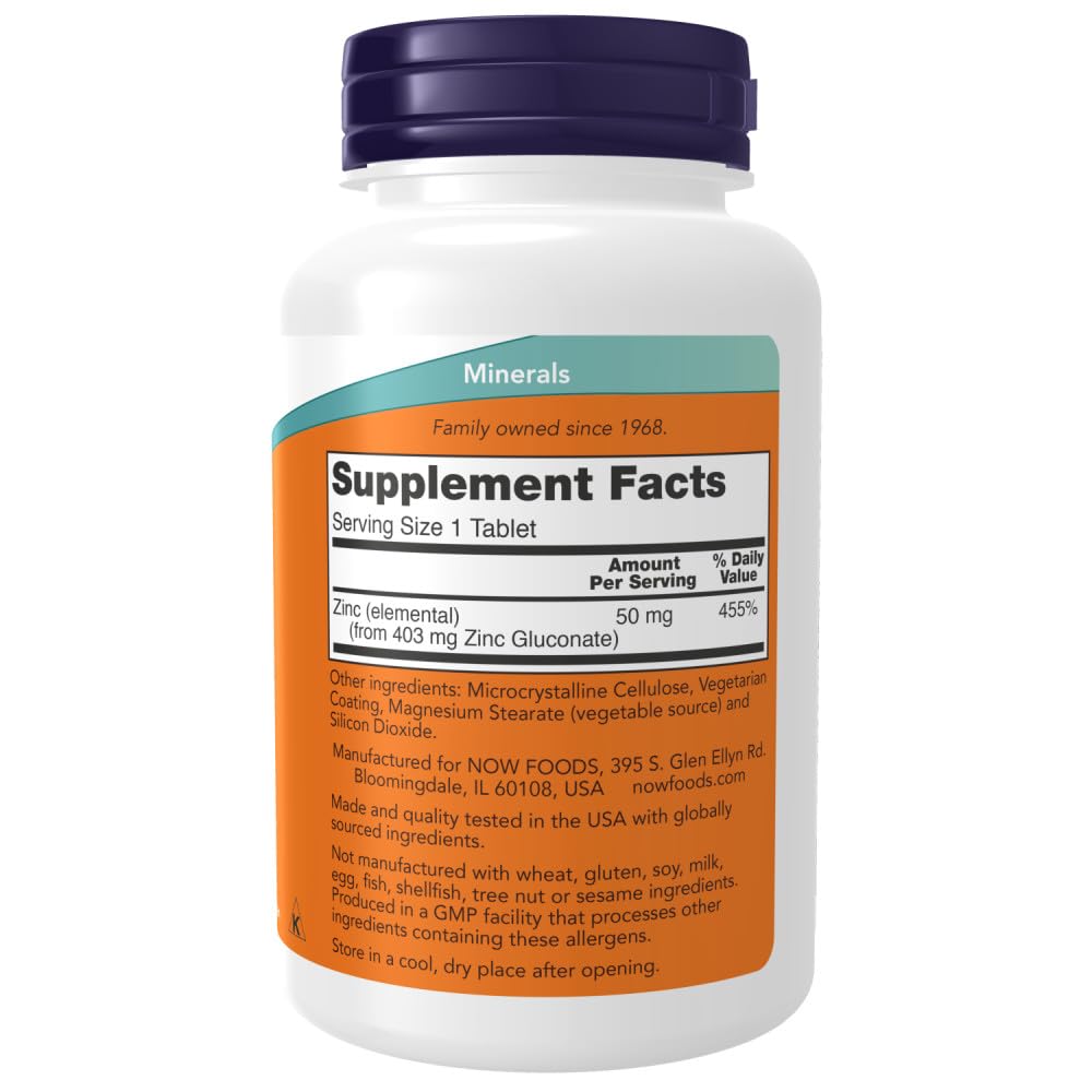 NOW Foods Zinc Gluconate 405 mg Tablets - 250 Count | White, Unflavored